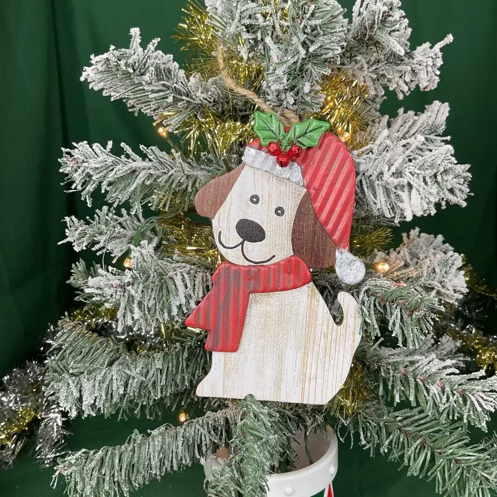 Rustic Wooden Dog with Corrugated Metal Santa Hat & Scarf Christmas Ornament